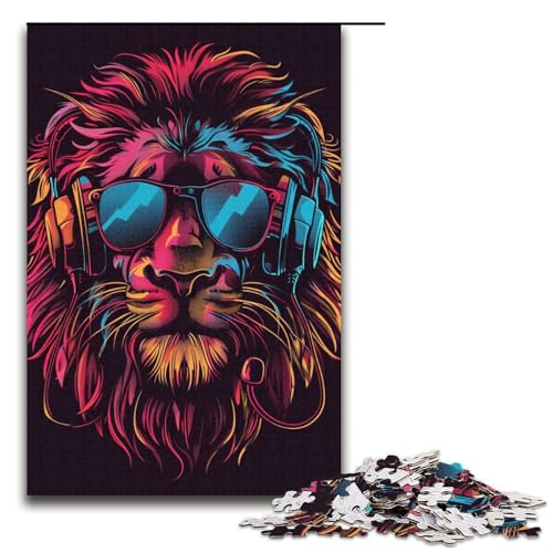 Puzzle für Erwachsene 1000 Teile Löwe mit Kopfhörern Sonnenbrille Puzzle Spiel Spielzeug Lustiges 1000 PCS (38x26cm) von ouynngjing