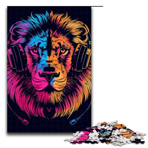 Puzzle für Erwachsene 1000 Teile Löwe mit Kopfhörern Sonnenbrille Puzzle Spiel Spielzeug Lustiges 1000 PCS (75x50cm) von ouynngjing