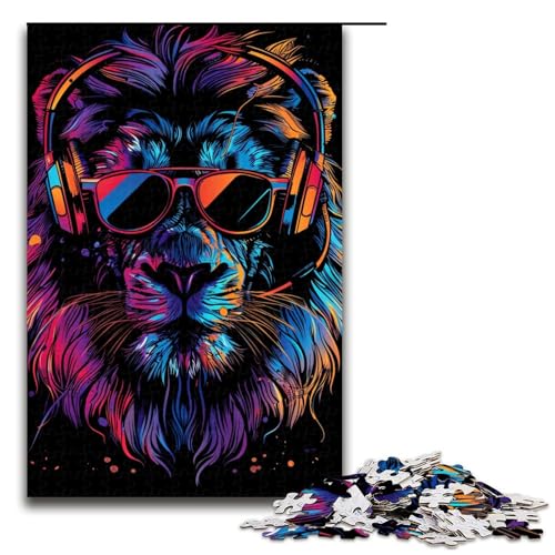 Puzzle für Erwachsene 1000 Teile Löwe mit Kopfhörern Sonnenbrille Puzzle Spiel Spielzeug Lustiges 1000 PCS (75x50cm) von ouynngjing