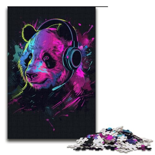 Puzzle für Erwachsene 1000 Teile Panda mit Kopfhörern FamilienHolzpuzzle Lernspiel Herausforderungsspielzeug 1000 Teile (38 x 26 cm) von ouynngjing