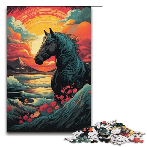 Puzzle für Erwachsene 1000 Teile Pferd und Sonnenuntergang Ozean Puzzlespiel lustiges Spielzeug 1000 Teile (38 x 26 cm) von ouynngjing