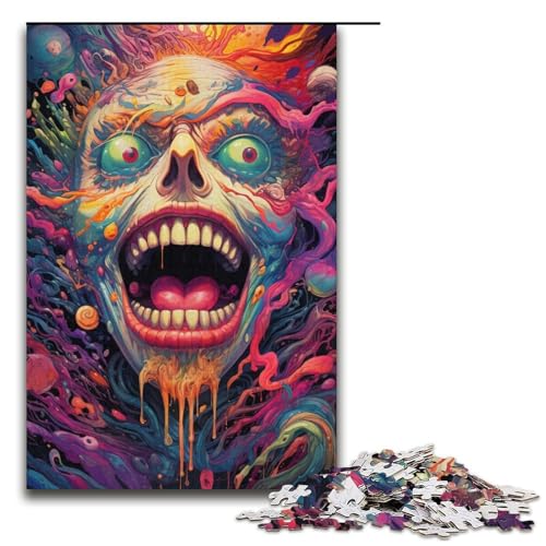 Puzzle für Erwachsene 1000 Teile buntes psychedelisches Totenkopf-Kunstpuzzle Holzpuzzle Lernspiel Herausforderungsspielzeug 1000 Teile (38 x 26 cm) von ouynngjing