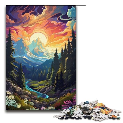 Puzzle für Erwachsene 1000 Teile farbenfroh psychedelisch Sonnenuntergang Berge Geburtstagsgeschenk für Teenager ab 14 Jahren 1000 Teile (38 x 26 cm) von ouynngjing