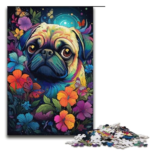 Puzzle für Erwachsene 1000 Teile farbenfrohes psychedelisches Gemälde eines Mopses Holzpuzzle Lernspiel Herausforderungsspielzeug 1000 Teile (38 x 26 cm) von ouynngjing