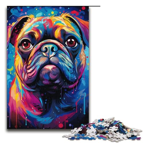 Puzzle für Erwachsene 1000 Teile farbenfrohes psychedelisches Mops-Gemälde Holzpuzzle für Kinder Lernspiel 1000 Teile (38 x 26 cm) von ouynngjing