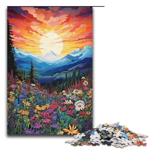Puzzle für Erwachsene Berge und Wildblumen bei Sonnenuntergang 1000 Teile tolles Geschenk geeignet für Teenager ab 14 Jahren 1000 Teile (38 x 26 cm) von ouynngjing