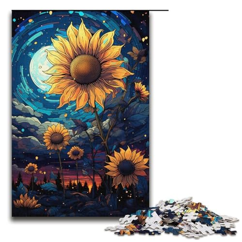 Puzzle für Erwachsene Bunte psychedelische Sonnenblumen im Sternenhimmel 1000-teiliges Holzpuzzle für Kinder ab 12 Jahren Lernspielzeug 1000 Teile (38 x 26 cm) von ouynngjing