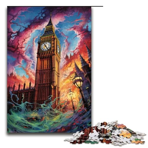 Puzzle für Erwachsene EIN großer Glockenturm über der Stadt 1000teiliges Holzpuzzle für Familienspiele 1000 Teile (75 x 50 cm) von ouynngjing