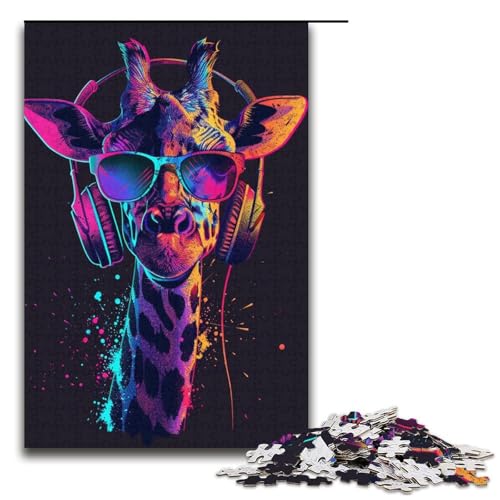 Puzzle für Erwachsene Giraffe mit Kopfhörern 1000teiliges Holzpuzzle für Kinder ab 12 Jahren Lernspielzeug 1000 Teile (38 x 26 cm) von ouynngjing