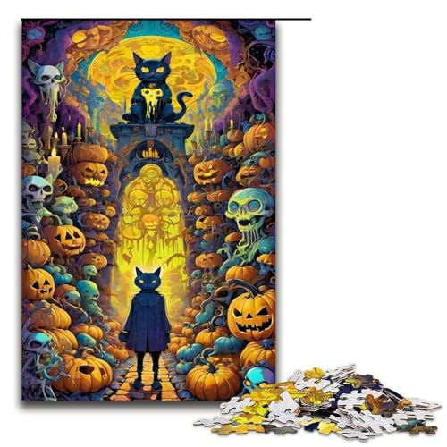 Puzzle für Erwachsene Halloween Katze 1000 teiliges Holzpuzzle für Kinder ab 12 Jahren Lernspielzeug 1000 Teile (75 x 50 cm) von ouynngjing