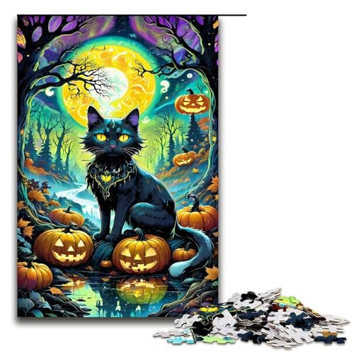 Puzzle für Erwachsene Halloween Katzen Puzzle 1000 Teile Holzpuzzle für Kinder ab 12 Jahren anspruchsvolles Spiel 1000 Teile (75 x 50 cm) von ouynngjing