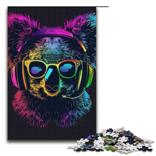Puzzle für Erwachsene Koala mit Kopfhörern und Sonnenbrille 1000teiliges Holzpuzzle für Kinder ab 12 Jahren Lernspielzeug 1000 Teile (38 x 26 cm) von ouynngjing