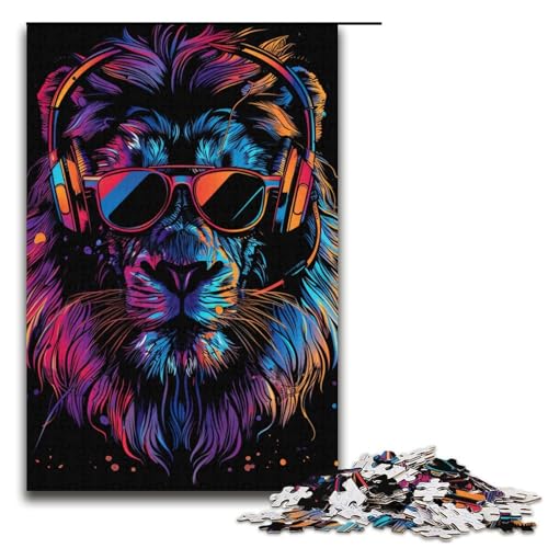 Puzzle für Erwachsene Löwe mit Kopfhörern und Sonnenbrille 1000 Teile Holzpuzzle für Erwachsene und Kinder ab 12 Jahren Lernspielzeug 1000 Teile (38 x 26 cm) von ouynngjing