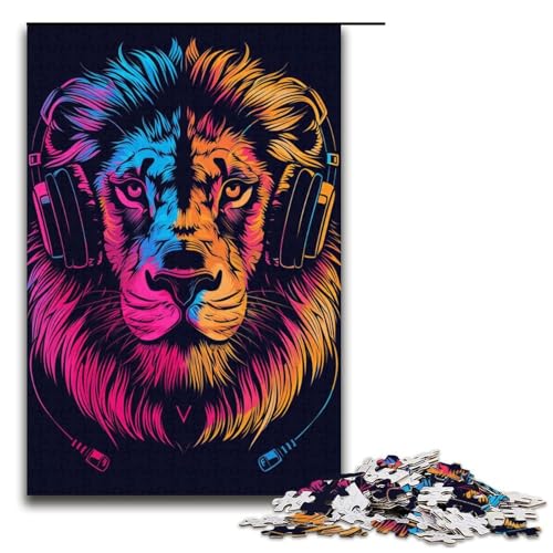 Puzzle für Erwachsene Löwe mit Kopfhörern und Sonnenbrille 1000teiliges Holzpuzzle für Kinder ab 12 Jahren Lernspielzeug 1000 Teile (38 x 26 cm) von ouynngjing