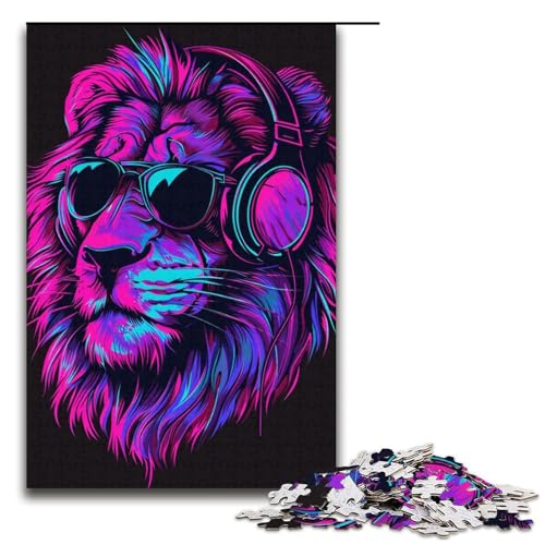 Puzzle für Erwachsene Löwe mit Kopfhörern und Sonnenbrille 1000teiliges Holzpuzzle für Kinder ab 12 Jahren Lernspielzeug 1000 Teile (38 x 26 cm) von ouynngjing