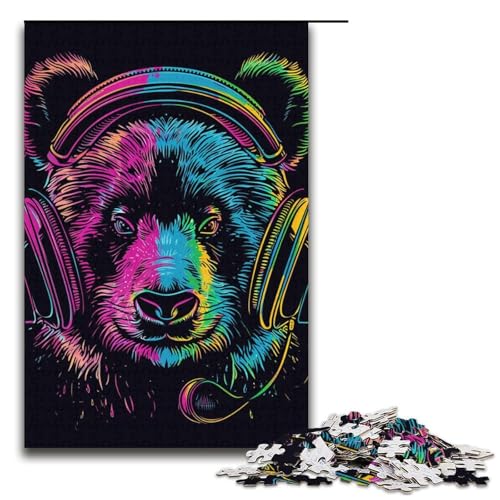 Puzzle für Erwachsene Panda mit Kopfhörern 1000teiliges Holzpuzzle für Erwachsene und Kinder ab 12 Jahren 1000 Teile (38 x 26 cm) von ouynngjing