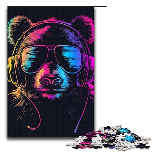 Puzzle für Erwachsene Panda mit Kopfhörern 1000teiliges Holzpuzzle für Kinder ab 12 Jahren Lernspielzeug 1000 Teile (75 x 50 cm) von ouynngjing