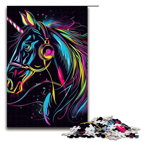 Puzzle für Erwachsene Pferd mit Sonnenbrille Neon 1000 Teile Holzpuzzle für Kinder ab 12 Jahren Lernspielzeug 1000 Teile (75 x 50 cm) von ouynngjing