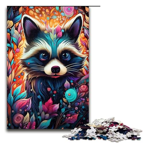 Puzzle für Erwachsene Psychedelischer Tierwaschbär 1000teiliges Holzpuzzle für Familienspiele 1000 Teile (75 x 50 cm) von ouynngjing