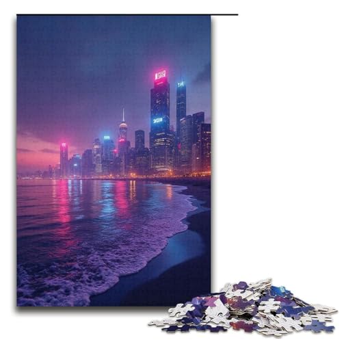Puzzle für Erwachsene Stadt-Neonlichter 1000 Teile Holzpuzzle für Erwachsene und Kinder ab 12 Jahren 1000 Teile (38 x 26 cm) von ouynngjing