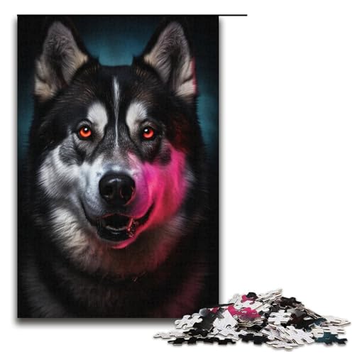 Puzzle für Erwachsene bunter HuskyHund 1000teiliges Holzpuzzle für Erwachsene und Kinder ab 12 Jahren 1000 Teile (38 x 26 cm) von ouynngjing