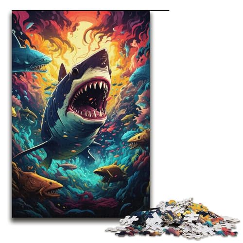 Puzzle für Erwachsene bunter Psychedelischer Hai 1000 Teile Holzpuzzle für Kinder ab 12 Jahren Lernspielzeug 1000 Teile (38 x 26 cm) von ouynngjing