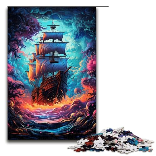 Puzzle für Erwachsene buntes psychedelisches Piratenschiff 1000-teiliges Holzpuzzle für Kinder ab 12 Jahren Lernspielzeug 1000 Teile (75 x 50 cm) von ouynngjing