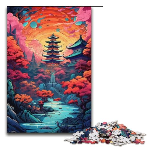 Puzzle für Erwachsene farbenfrohe psychedelische asiatische Retro-Landschaft 1000-teiliges Holzpuzzle für Erwachsene und Kinder ab 12 Jahren 1000 Teile (38 x 26 cm) von ouynngjing