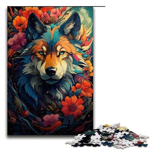 Puzzle für Erwachsene farbenfroher Psychedelischer Blumenwolf 1000-teiliges Holzpuzzle für Familienspiele 1000 Teile (75 x 50 cm) von ouynngjing