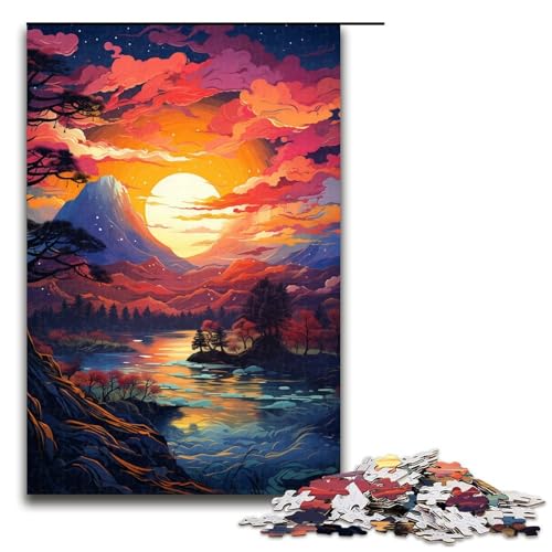 Puzzle für Erwachsene farbenfroher Psychedelischer Sonnenuntergang am Berg Fuji 1000-teiliges Holzpuzzle für Familienspiele 1000 Teile (75 x 50 cm) von ouynngjing