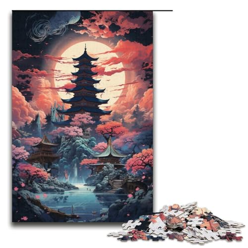 Puzzle für Erwachsene farbenfroher Psychedelischer Sonnenuntergang über Einer Pagode 1000 Teile Holzpuzzle für Erwachsene und Kinder ab 12 Jahren 1000 Teile (38 x 26 cm) von ouynngjing