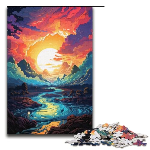 Puzzle für Erwachsene farbenfroher Psychedelischer verträumter Sonnenuntergang 1000-teiliges Holzpuzzle für Familienspiele 1000 Teile (38 x 26 cm) von ouynngjing