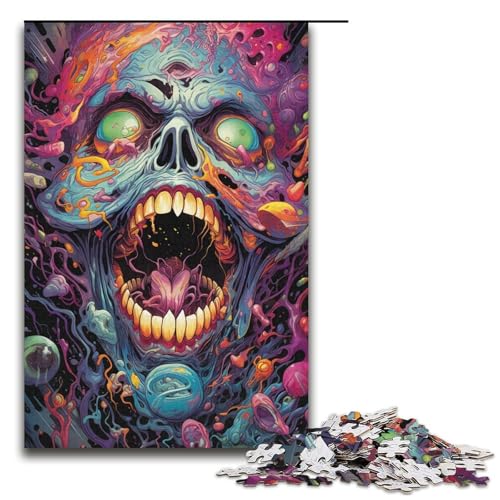 Puzzle für Erwachsene farbenfrohes psychedelisches Totenkopf-Kunst-Puzzle 1000 Teile Holzpuzzle für Kinder ab 12 Jahren anspruchsvolles Spiel 1000 Teile (38 x 26 cm) von ouynngjing