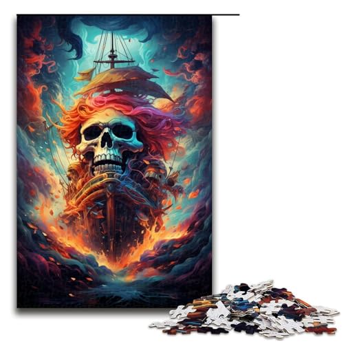 Puzzle für Erwachsene farbenfrohes psychedelisches Totenkopf-Piratenschiff 1000 Teile Holzpuzzle für Erwachsene und Kinder ab 12 Jahren 1000 Teile (75 x 50 cm) von ouynngjing