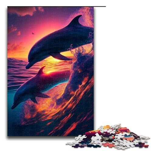 Puzzle für Erwachsene mit 1000 Teilen, Springender Delfin, lustiges Familienpuzzle mit passendem Poster und Quizblatt, 1000 Teile von ouynngjing