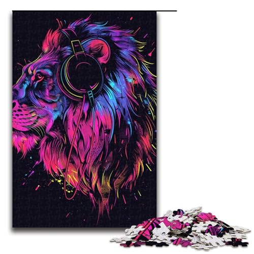 Puzzle für Erwachsene mit 1000 Teilen Löwe mit Kopfhörern und Sonnenbrille lustiges Puzzle für die ganze Familie mit passendem Poster und Quizblatt 1000 Teile (75 x 50 cm) von ouynngjing