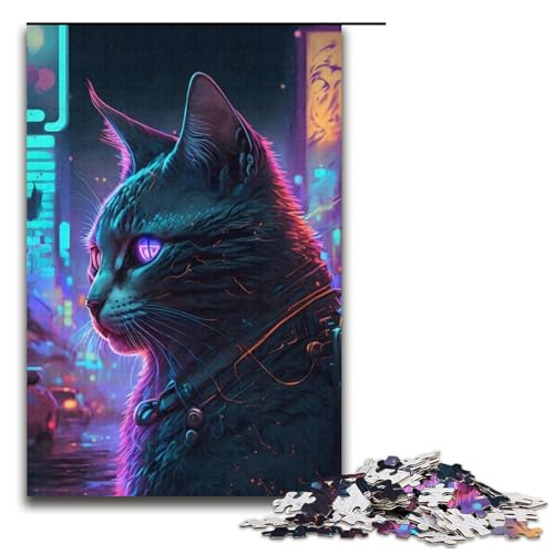 Puzzle für Erwachsene mit 1000 Teilen Neonkatze lustiges Familienpuzzle mit passendem Poster und Quizblatt 1000 Teile (38 x 26 cm) von ouynngjing
