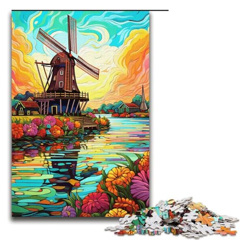 Puzzle für Erwachsene schöne Windmühlenstadt 1000-teiliges Holzpuzzle für Kinder ab 12 Jahren Lernspielzeug 1000 Teile (38 x 26 cm) von ouynngjing