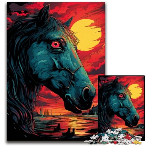 Puzzle mit Pferd und Sonnenuntergang im Ozean 1000 Teile Holzpuzzle Weihnachten Halloween Ostern Neujahr 1000 Teile (75 x 50 cm) von ouynngjing