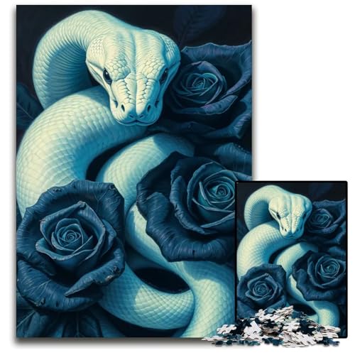 Puzzle mit weißer Schlange und blauen Rosen 1000 Teile Holzpuzzle Weihnachten Halloween Ostern Neujahr 1000 Teile (75 x 50 cm) von ouynngjing