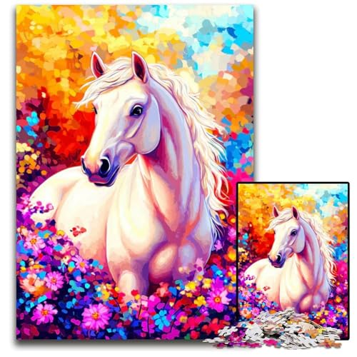 Weißes Pferd in Blumen 1000teiliges Puzzle für Erwachsene Puzzles Geburtstagsgeschenkidee anspruchsvolles Denkspiel 1000 Teile (38 x 26 cm) von ouynngjing
