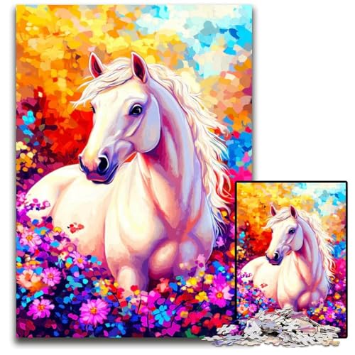 Weißes Pferd in Blumen 1000teiliges Puzzle für Erwachsene Puzzles Geburtstagsgeschenkidee anspruchsvolles Denkspiel 1000 Teile (75 x 50 cm) von ouynngjing