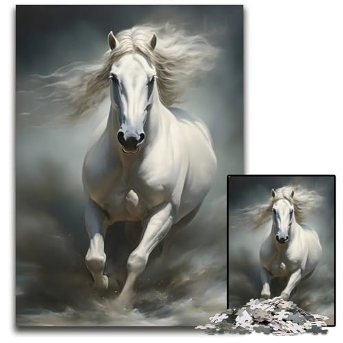 Weißes Pferd rennt 1000teiliges Puzzle für Erwachsene Holzpuzzle Weihnachten Halloween Ostern Neujahr 1000 Teile (38 x 26 cm) von ouynngjing