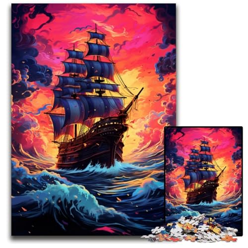 Zukünftiges farbenfrohes psychedelisches Piratenschiff 1000teiliges Puzzle für Erwachsene Holzpuzzle Weihnachten Halloween Ostern Neujahr 1000 Teile (75 x 50 cm) von ouynngjing