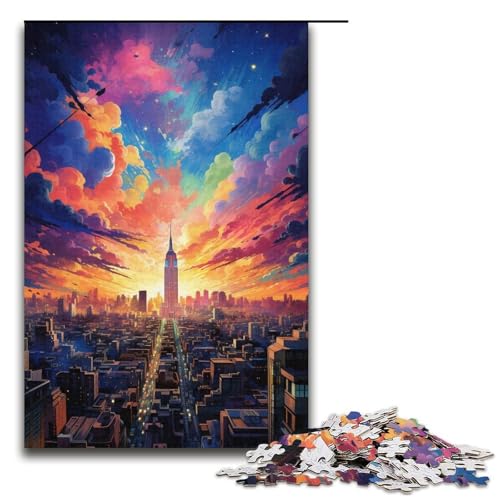 für Erwachsene 1000-teiliges farbenfrohes psychedelisches Sky City-Puzzle für Erwachsene schwieriges und herausforderndes Holzpuzzle 1000 Teile (38 x 26 cm) von ouynngjing