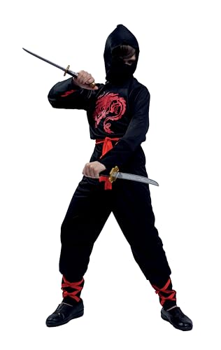 P' CLOWN - Ninja-Kostüm für Kinder – Uni – Jungen, Mädchen – perfekt für Karneval, Geburtstag, Cosplay, Kostümpartys und Themenveranstaltungen (Schwarz, Rot, 3-4 Jahre) von p'tit clown