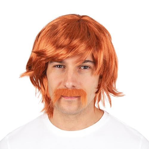 P'TIT CLOWN - 51921 – Perücke 70er, 80er Jahre, mit Schnurrbart – 70er, 80er Wig – perfekt für Karneval, Mottopartys, Kostümpartys, Kostümpartys – Kunsthaar – Erwachsene – Rothaarige von p'tit clown