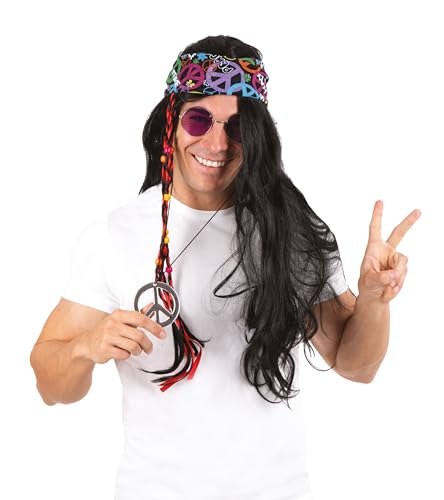 P'TIT CLOWN - 68604 - Hippie Perücke Glatt - Hippie's Wig - Kostümzubehör - Karneval, Festival, Pride, Silvester, Halloween, Mottoparty - Synthetisches Haar - Schwarz von p'tit clown
