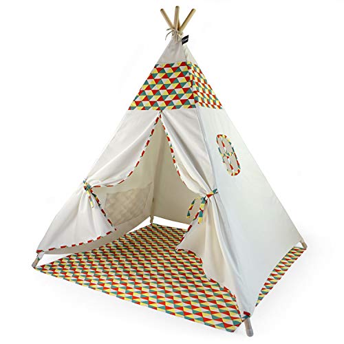 Hej Lønne Kinder Tipi, weißes Zelt mit buntem Muster, ca. 120 x 120 x 150 cm groß, Spielzelt mit Bodendecke und Fenster, inkl. Beutel und Anleitung, für drinnen und draußen, schadstofffrei von HEJ LØNNE