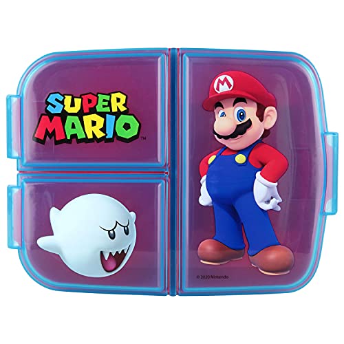 p:os Super Mario Brotdose für Kinder mit 3 Fächern, Lunchbox aus Kunststoff mit Clip-Verschlüssen, Vesperdose für Kindergarten, Schule und Freizeit, Mehrfarbig von p:os